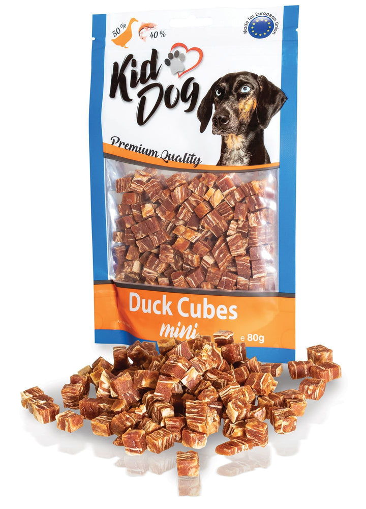 KID DOG MINI CUBETTI CARNE DI ANATRA E MERLUZZO GLUTEN FREE NO SUGAR 80 g - Sanny Passione Ornitologica