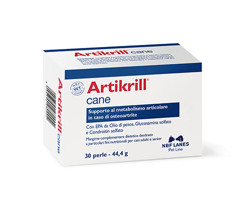 ARTIKRILL CANE 30 PERLE 44,4 g. Supporto al metabolismo articolare in caso di osteoartrite. Modalità d’uso: Somministrare il prodotto per via orale direttamente in bocca o in aggiunta all’alimento completo, inizialmente fino a 3 mesi. Completare la razione giornaliera con l’alimento abituale. Confezione da 30 perle di 44.4 g.