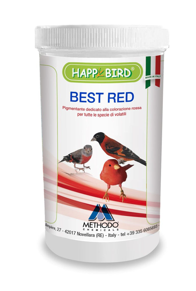 Colora e intensifica il colore rosso per tutte le specie di volatili. COMPOSIZIONE: (3a161g) Cantaxantina 10% min. ISTRUZIONI D'USO: si consiglia di aggiungere da 7gr a 10gr di prodotto in 1kg di PASTONCINO da MUTA. Confezione da 100gr