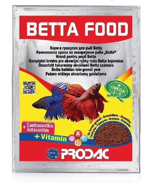 PRODAC BETTA FOOD MANGIME COMPLETO IN GRANULI PER BETTA SPLENDENS ACQUARIO 12 GR Alimento composto in granuli per tutti i Betta splendens. Composizione: soja, pesci e sottoprodotti di pesci, cereali, crostacei, ortaggi, alghe, alga spirulina. Bustine da 12 grammi