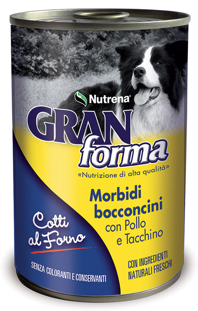 Cibo umido per cani adulti Nutrena ha ideato GranForma Dog Bocconcini morbidi con Pollo e Tacchino, gustosi bocconi ricchi di carni bianche di pollo e tacchino, altamente digeribili e importanti per il rinnovamento dei tessuti e lo smaltimento delle tossine.