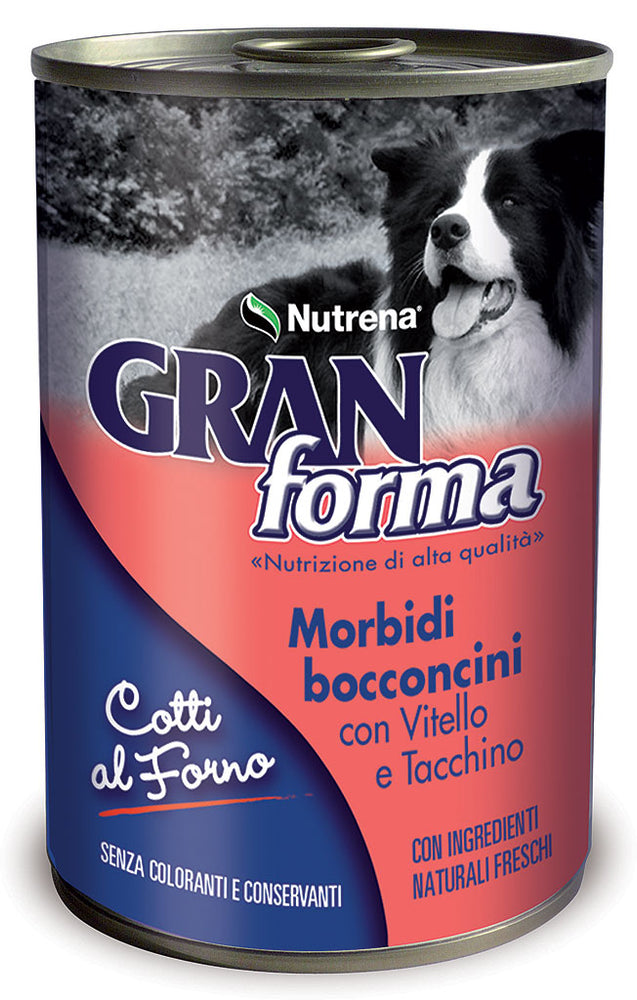 Cibo umido per cani adulti Nutrena ha ideato GranForma Dog Bocconcini morbidi con Vitello e Tacchino, gustosi bocconi ricchi di prelibate carni di vitello e tacchino, delicate, altamente digeribili e ricche di proteine.