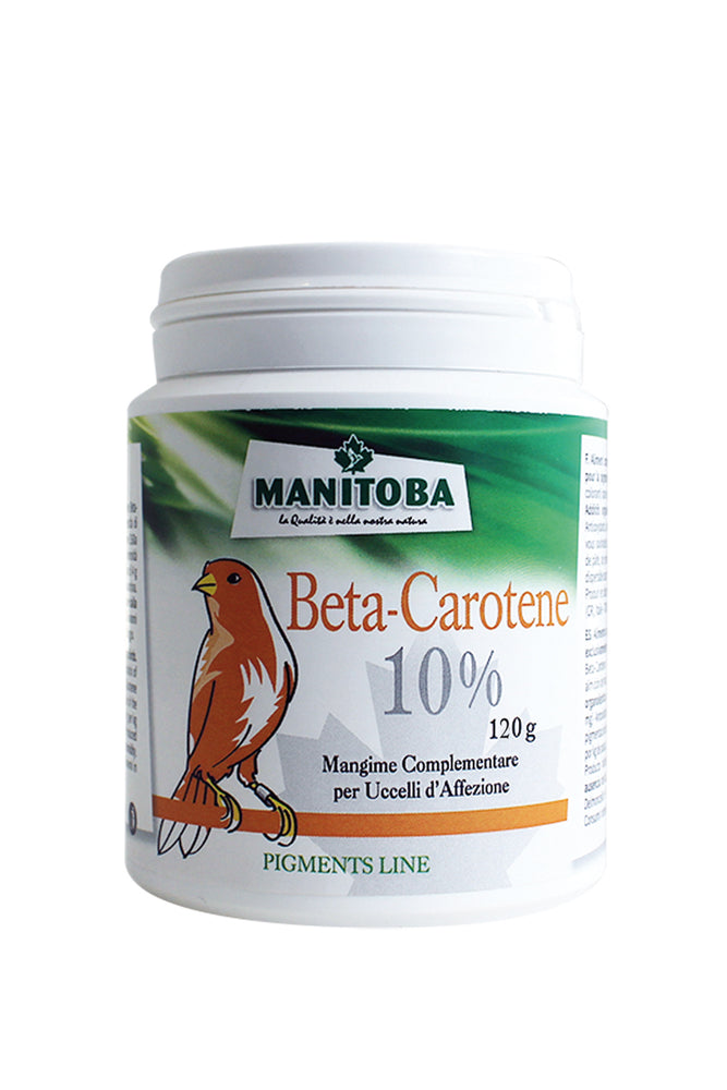 Beta-Carotene 10% Indicato esclusivamente per pigmentare soggetti a, fattore rosso. Contiene Beta-Carotene(come agente colorante), in una matrice di amido di mais rivestit a di gelatinae carboidrati. Composizione ADDITIVI ORGANOLETTICI / kg, Coloranti (Beta-Carotene E160a 100.000 mg), Antiossidanti. Contenitore da 120 gr