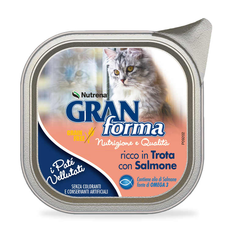 PATÉ GATTO TROTA E SALMONE GRAIN FREE GRANFORMA NUTRENA 100gr ADULT E SENIOR contiene olio di Salmone fonte di OMEGA 3