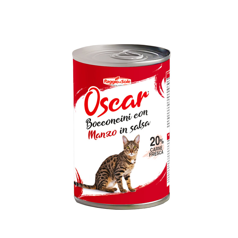 Oscar Bocconcini con Manzo in Salsa, Cibo Umido per Gatti, 12 ConfezionI da 415gr RAGGIO DI SOLE