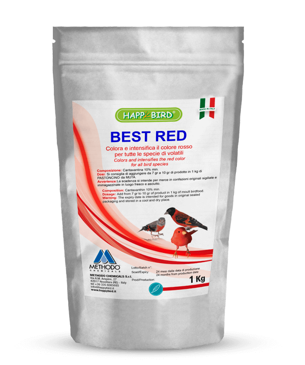 Colora e intensifica il colore rosso per tutte le specie di volatili. COMPOSIZIONE: (3a161g) Cantaxantina 10% min. ISTRUZIONI D'USO: si consiglia di aggiungere da 7gr a 10gr di prodotto in 1kg di PASTONCINO da MUTA. Confezione da 200 gr
