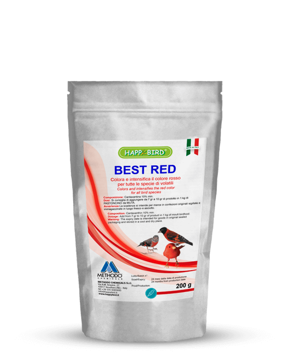 Confezione da 2kg. Colora e intensifica il colore rosso per tutte le specie di volatili. COMPOSIZIONE: (3a161g) Cantaxantina 10% min. ISTRUZIONI D'USO: si consiglia di aggiungere da 7gr a 10gr di prodotto in 1kg di PASTONCINO da MUTA.