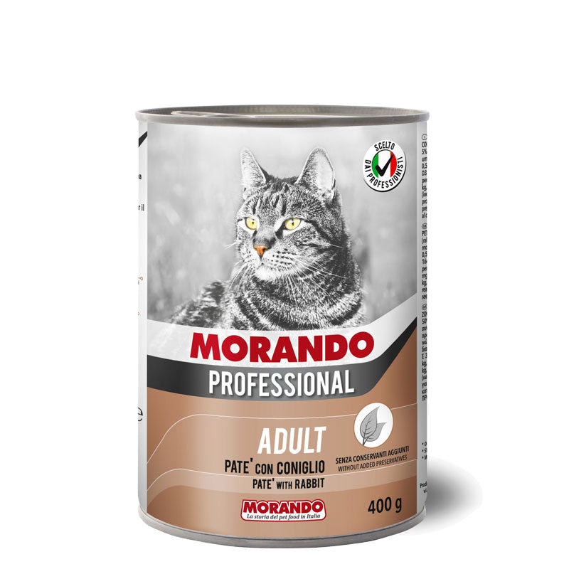Morando Professional ADULT PATÈ GATTO CON CONIGLIO Petfood completo ed equilibrato. Ricetta facilmente digeribile e altamente appetibile. Ottimo apporto nutrizionale di vitamine e minerali.