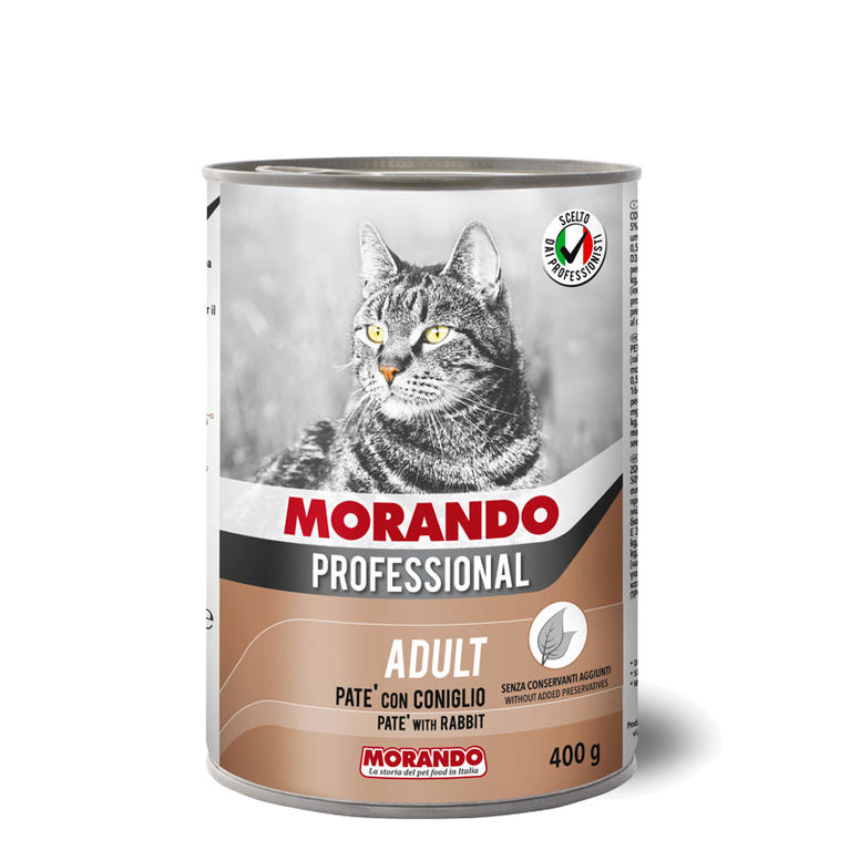 Morando Professional ADULT PATÈ GATTO CON CONIGLIO Petfood completo ed equilibrato. Ricetta facilmente digeribile e altamente appetibile. Ottimo apporto nutrizionale di vitamine e minerali.