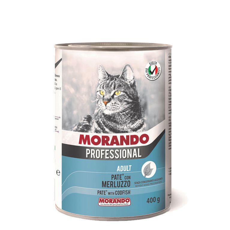 Morando Professional ADULT PATÈ GATTO CON MERLUZZO Petfood completo ed equilibrato. Ricetta facilmente digeribile e altamente appetibile. Ottimo apporto nutrizionale di vitamine e minerali.