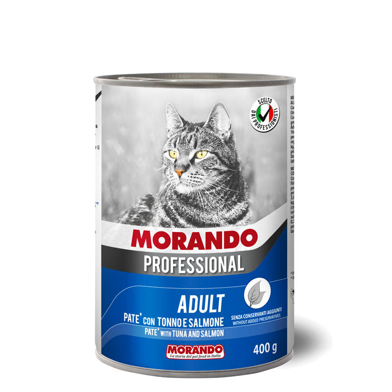Morando Professional ADULT PATÈ GATTO CON TONNO E SALMONE Petfood completo ed equilibrato. Ricetta facilmente digeribile e altamente appetibile. Ottimo apporto nutrizionale di vitamine e minerali.