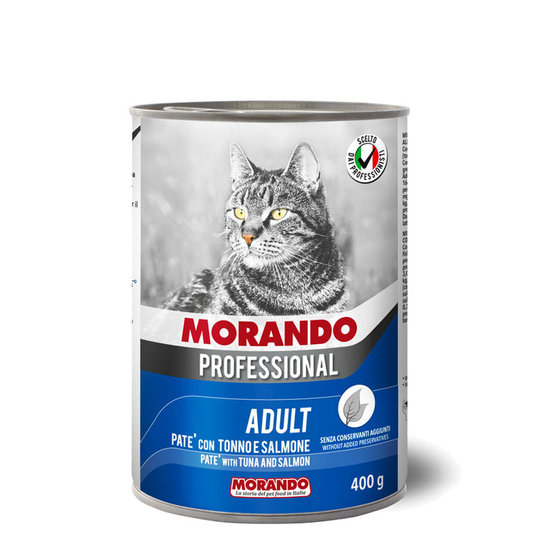 Morando Professional ADULT PATÈ GATTO CON TONNO E SALMONE Petfood completo ed equilibrato. Ricetta facilmente digeribile e altamente appetibile. Ottimo apporto nutrizionale di vitamine e minerali.