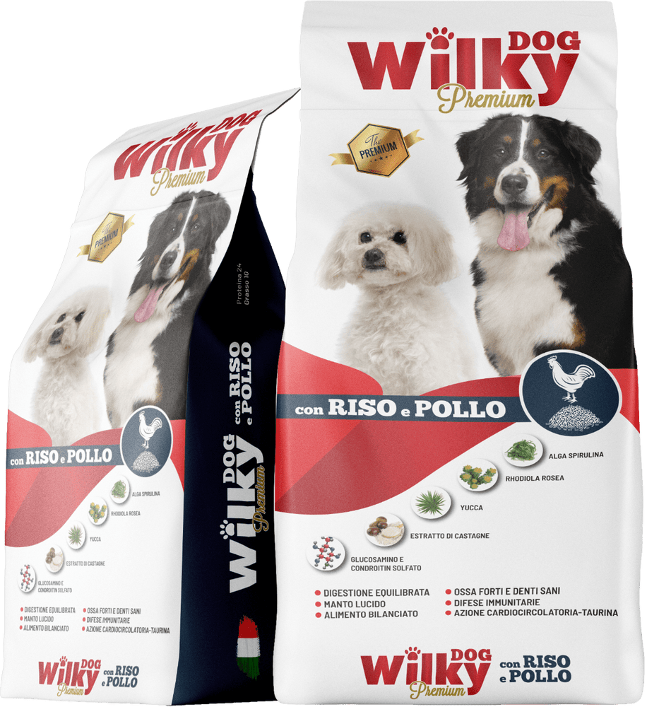 CROCCHETTE CANE ADULTO POLLO E RISO PREMIUM 24/10 WILKY DOG SACCO 15KG
