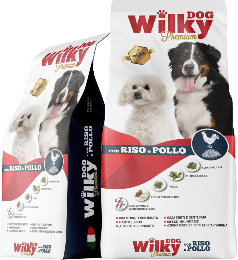 CROCCHETTE CANE ADULTO POLLO E RISO PREMIUM 24/10 WILKY DOG SACCO 15KG - Sanny Passione Ornitologica