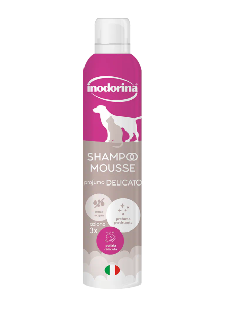 Inodorina Shampoo per cani a secco delicato 300 ml. Shampoo a secco per gatti e cuccioli frizzante senza solfati, siliconi, parabeni per pelle e pelliccia.