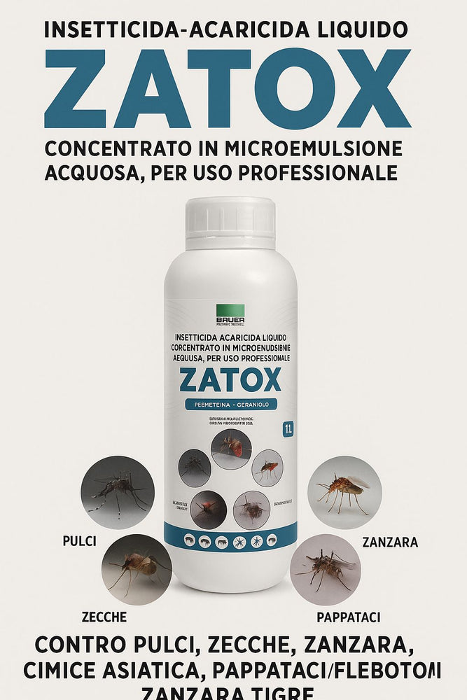 ZATOX permetrina + geraniolo BRUER insetticida, acaricida liquido concentrato in microemulsione acquosa per uso professionale