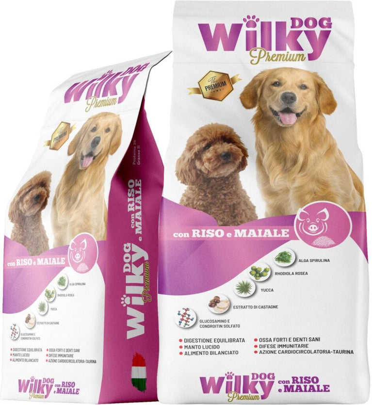 CROCCHETTE CANE ADULTO RISO E MAIALE PREMIUM WILKY DOG SACCO 15KG - Sanny Passione Ornitologica