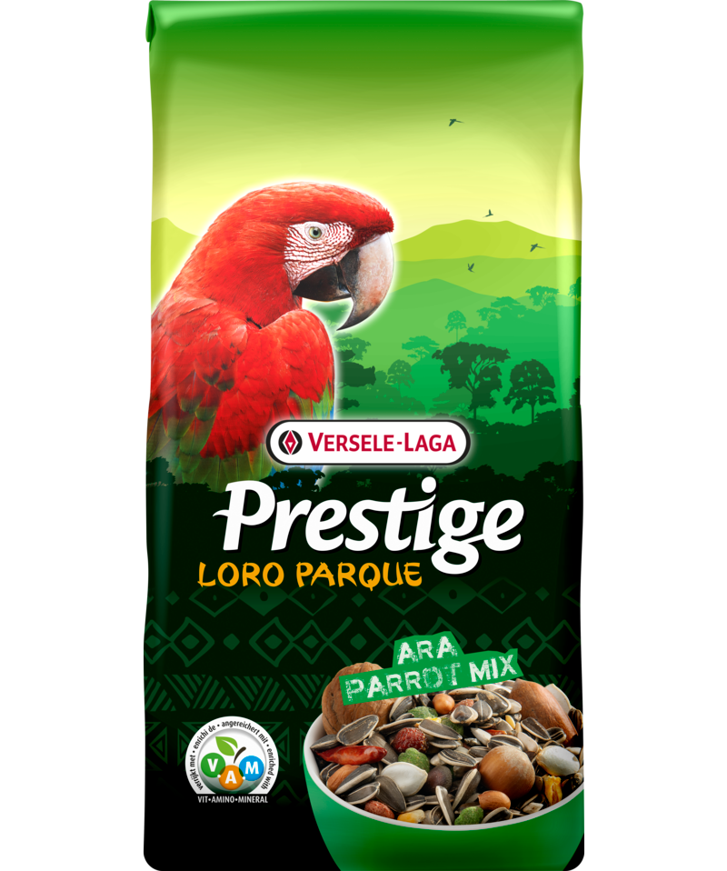 ARA MIX LORO PARQUE PRESTIGE VERSELE-LAGA: Miscela di semi arricchita Miscela di semi arricchita con granuli estrusi - VAM - Pappagalli ara .Miscela ricca di semi: vitamine, aminoacidi e minerali per un'ottima salute. Semi di alta qualità per ara, cacatoa delle Molucche e neri. Sacchetti da 2 e 15 kg