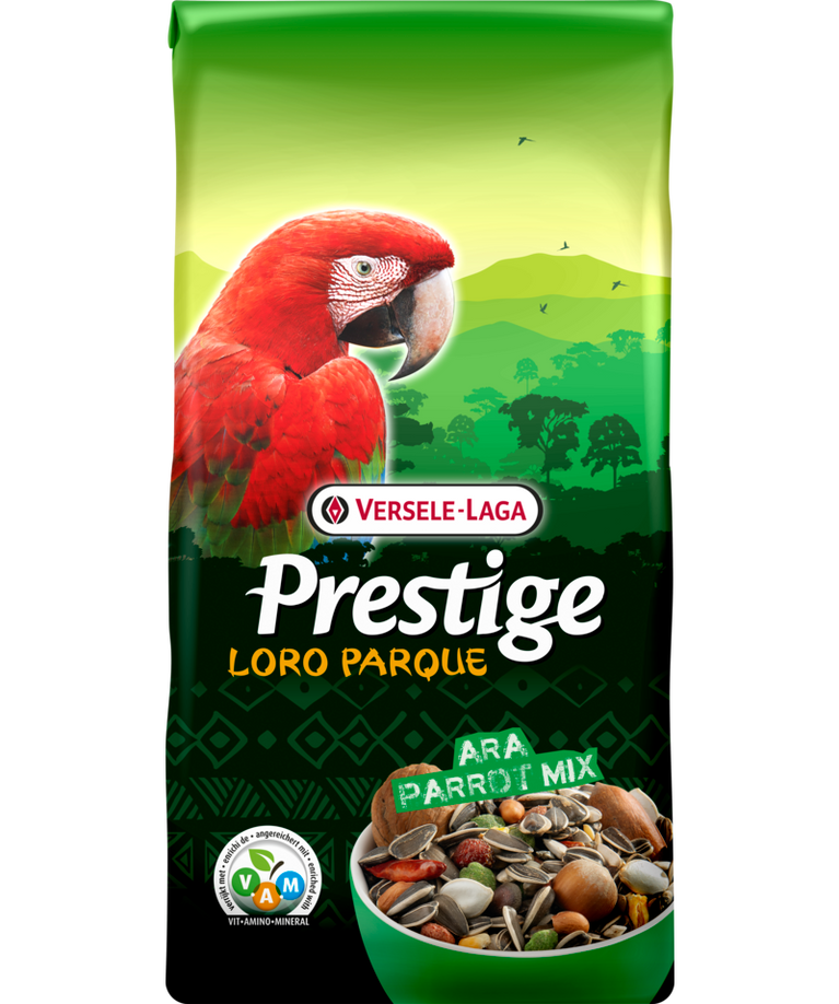 ARA MIX LORO PARQUE PRESTIGE VERSELE-LAGA: Miscela di semi arricchita Miscela di semi arricchita con granuli estrusi - VAM - Pappagalli ara .Miscela ricca di semi: vitamine, aminoacidi e minerali per un'ottima salute. Semi di alta qualità per ara, cacatoa delle Molucche e neri. Sacchetti da 2 e 15 kg