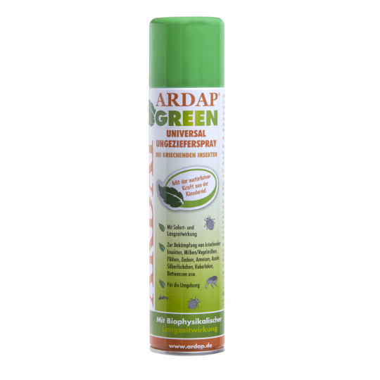 Ardap Green Antiparassitario Spray 400ml contro mosche e altri parassiti,coleotteri, acari, zecche, pulci, scarafaggi, falene, pesciolini d'argento, zanzare, ragni, isopodi, formiche, vespe. Istruzioni per applicazione: Agitare bene la bomboletta. Spruzzare le aree con lo spray da una distanza di circa 30 cm.