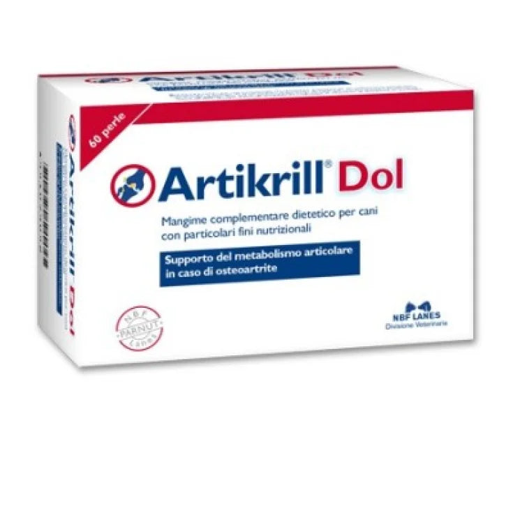 ARTIKRILL DOL CANE NBF LANES - MANGIME COMPLEMENTARE.Supporto del metabolismo articolare in caso di osteoartrite. Mangime complementare dietetico destinato a particolari fini nutrizionali per cani adulti e senior con Acidi grassi EPA e DHA da Olio di pesce, Vitamina E, Glucosamina solfato e Condroitin solfato. Confezione da 60 perle