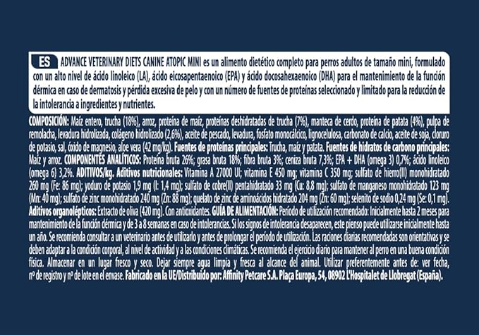 Advance Veterinary Diets - Atopic Mini - Cibo per Cani con Problemi di Dermatite Atopica con Trota - 1,5kg