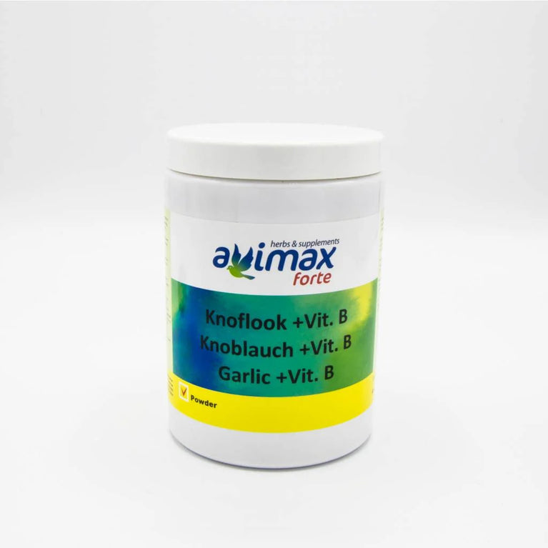 Mangime complementare per uccelli ornamentali e piccioni viaggiatori. AviMax Forte Garlic + Vitamin B è una miscela di lievito di birra, aglio e cannella. Supporta infiammazioni, crampi e osteoartrite. Dosaggio : (1 misurino = 3 g) 5-10 g /kg di mangime, 2-3 volte / settimana. Contenitore da 125 gr.