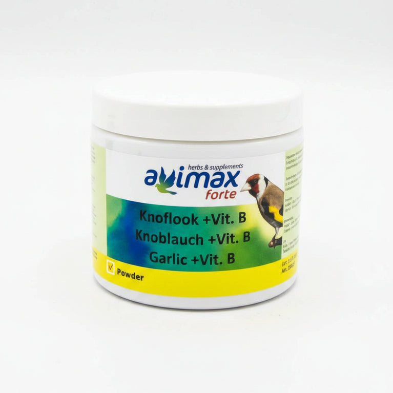 Mangime complementare per uccelli ornamentali e piccioni viaggiatori. AviMax Forte Garlic + Vitamin B è una miscela di lievito di birra, aglio e cannella. Supporta infiammazioni, crampi e osteoartrite. Dosaggio : (1 misurino = 3 g) 5-10 g /kg di mangime, 2-3 volte / settimana. Contenitore da 500 gr