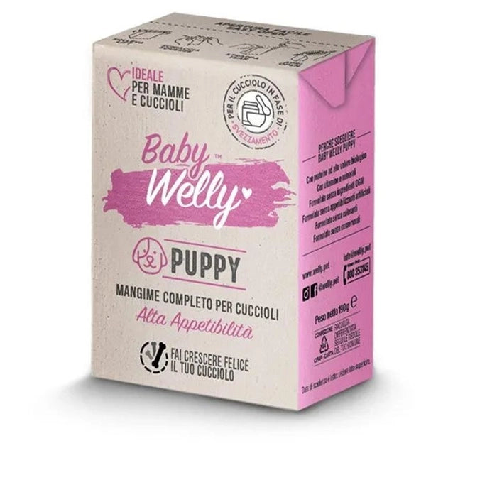 Baby Welly™ PUPPY è un alimento completo per cuccioli fino a 24 mesi, a base di carne e latte, ideale per lo svezzamento grazie alla sua ricetta unica e adatto anche per le mamme nelle ultime fasi di gravidanza e durante la fase di allattamento. Confezione da 180gr in cartone.