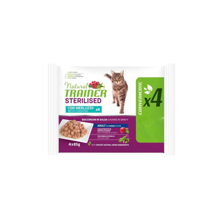 NATURAL TRAINER UMIDO GATTO STERILIZZATO MERLUZZO 4 BUSTINE 85 GR