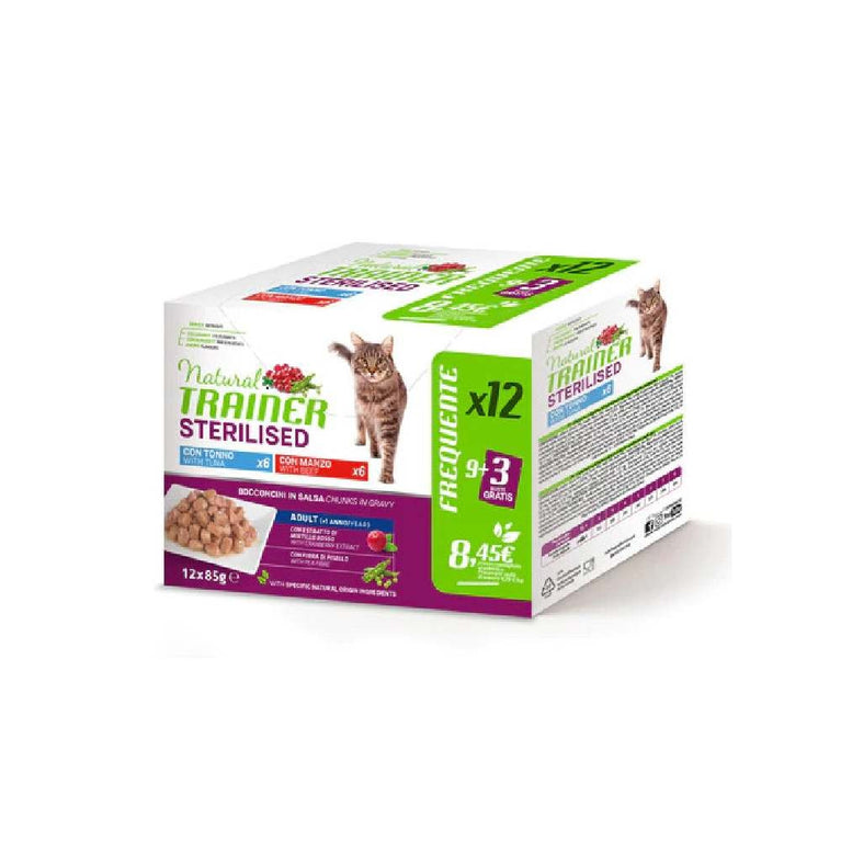 I BOCCONCINI IN SALSA STERILIZED ADULT MULTIPACK NATURAL TRAINER sono un alimento completo ed equilibrato. Caratteristiche: al gusto tonno e manzo; per adulti gatti sterilizzati; ingredienti a base di estratto di mirtillo rosso, fibra di piselli e tacchino/merluzzo. Multipack da 12 porzioni (9+3)