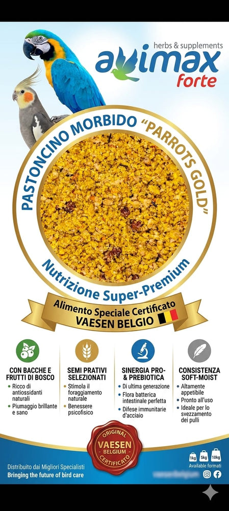 Avimax Forte Parrots Gold | Pastoncino Morbido con Bacche per Pappagalli e Parrocchetti - Sanny Passione Ornitologica