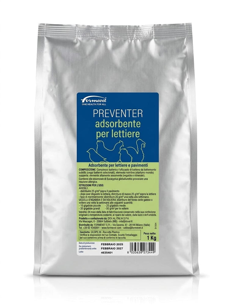 Preventer Formevet Adsorbente per Lettiere e Pavimenti, Complesso ANTIBATTERICO, per Avicoli e Uccelli da Gabbia e Voliera, 1 kg - Sanny Passione Ornitologica