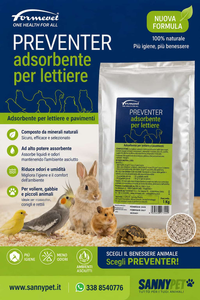 Preventer Formevet Adsorbente per Lettiere e Pavimenti, Complesso ANTIBATTERICO, per Avicoli e Uccelli da Gabbia e Voliera, 1 kg - Sanny Passione Ornitologica