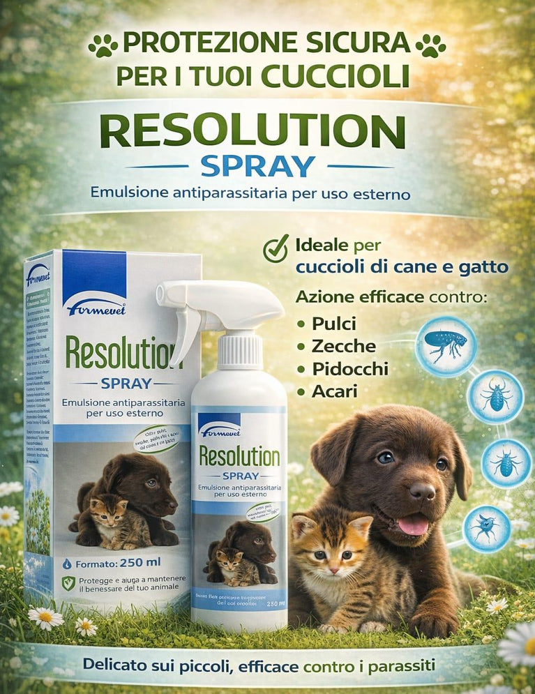 Resolution SPRAY antiparasitario per cuccioli di CANE E GATTO contro pulci, zecche, pidocchi e acari 250ml - Sanny Passione Ornitologica