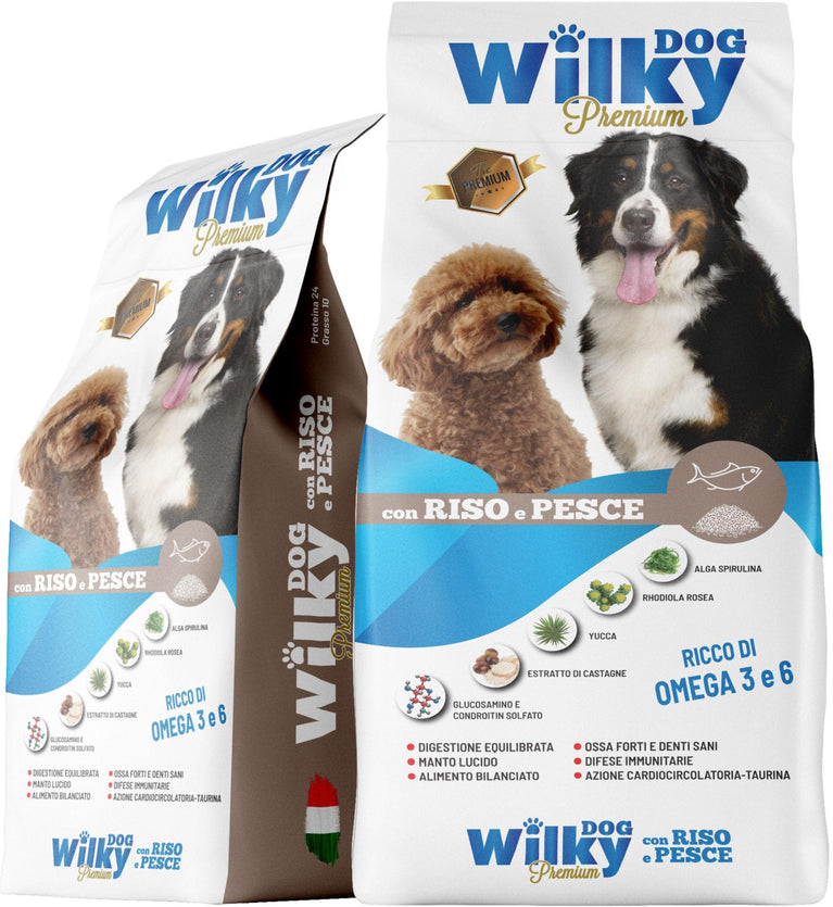 CROCCHETTE CANE ADULTO RISO E PESCE PREMIUM WILKY DOG 24/10 SACCO 15KG - Sanny Passione Ornitologica