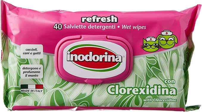 Inodorina, Refresh, Salviette Detergenti in Tessuto Resistente, con Agente Idratante, Emolliente e Protettivo, Per la Vita Quotidiana con il Tuo Animale, Profumazione Clorexidina,