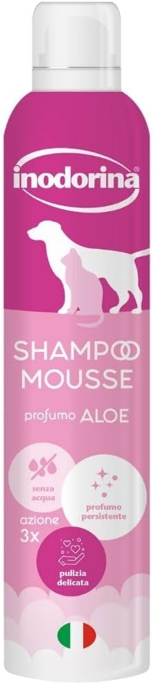 Inodorina Shampoo Secco per Cani, Gatti e Cuccioli (300 ml, Profumo di Aloe) – Mousse ad Azione emolliente e detergente – Rispetta Il PH Naturale, Ideale per lavaggi frequenti