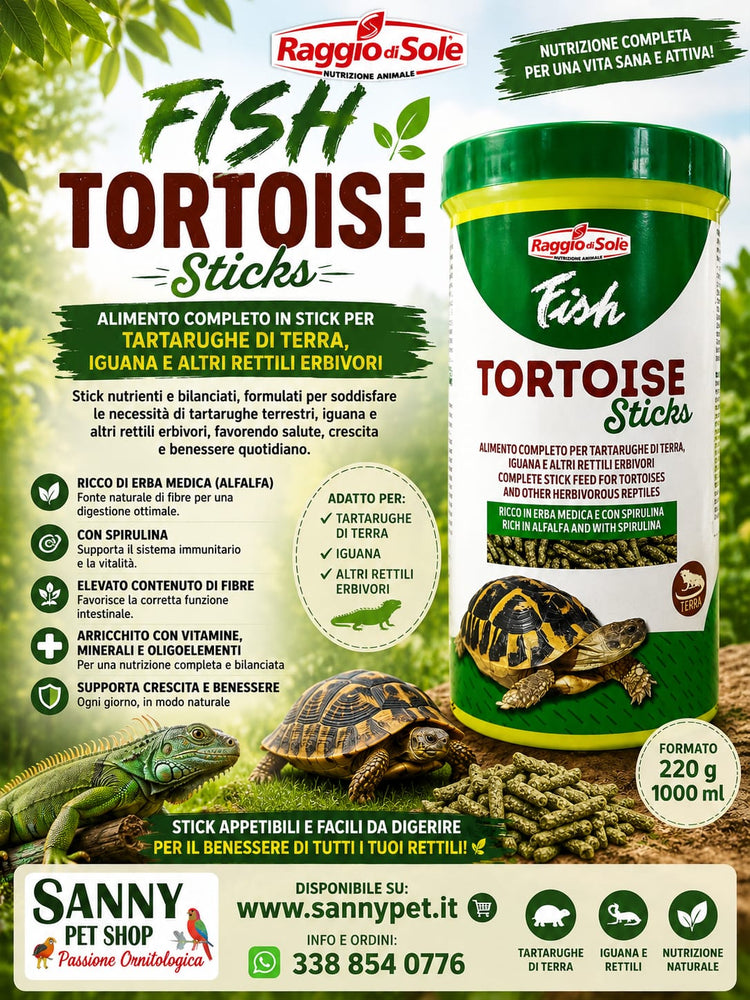Raggio di Sole Fish Tortoise Sticks – Alimento Completo per Tartarughe di Terra, Iguana e Rettili Erbivori 220g