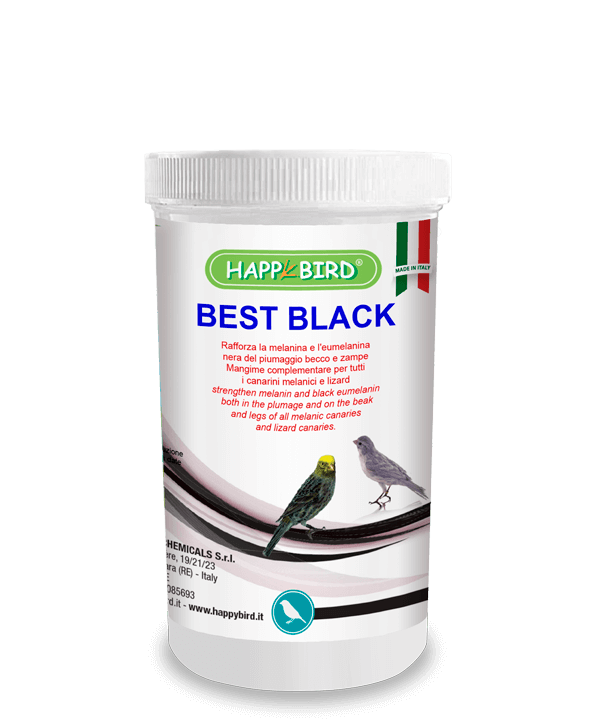Rafforza la melanina e l’eumelanina nera del piumaggio becco e zampe.Mangime complementare per tutti i canarini melanici e lizard. COMPOSIZIONE: Miscela di Alghe marine e di lago. Contenitore da 500gr