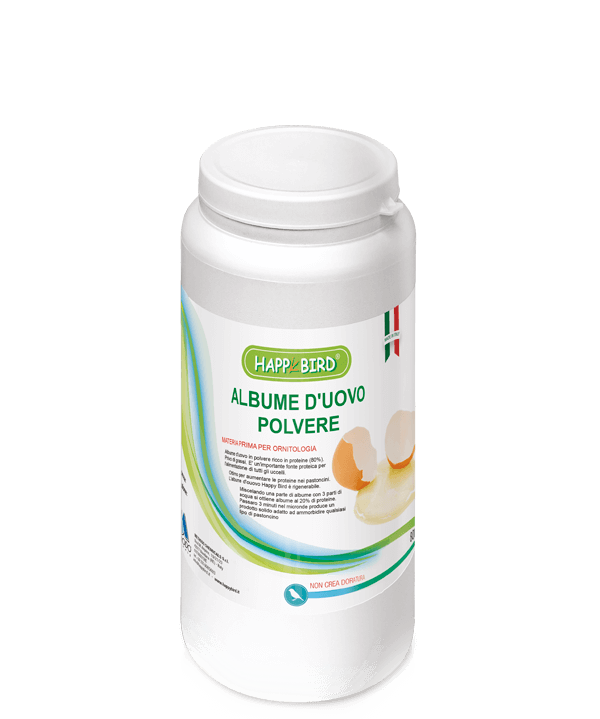 Albume d'uovo in polvere adatto per uccelli. Contenitore da 800 gr con chiusura ermetica. Prezzo 17 euro.