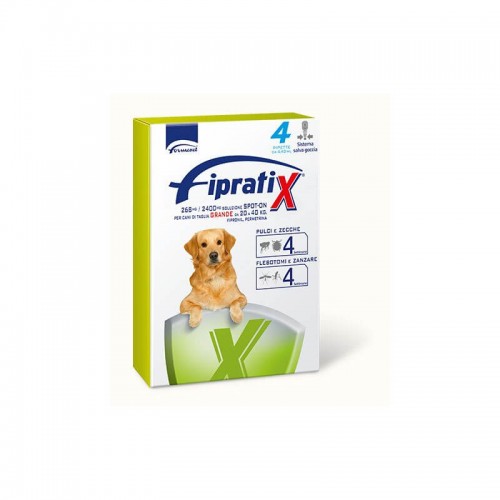 ANTI-PARASSITARIO FIPRATIX per cani di taglia GRANDE DA 20 a 40 kg ogni pipetta efficace contro i principali parassiti esterni del cane: pulci, zecche, flebotomi e zanzare per 4 settimane. CONFEZIONE CONTENENTE 4 PIPETTE DA 4,40 ML con sistema salva goccia.Come usare? Separare il pelo dell'animale fino a quando sia visibile la pelle.Posizionare la punta della pipetta direttamente contro la cute scoperta e schiacciare delicatamente