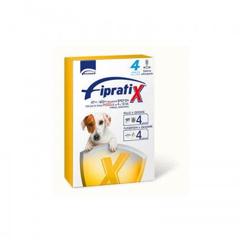 per cani di taglia PICCOLA DA 4 a 10 kg ogni pipetta efficace contro i principali parassiti esterni del cane: pulci, zecche, flebotomi e zanzare per 4 settimane CONFEZIONE CONTENENTE 4 PIPETTE ANTI-PARASITARIO FIPRATIX. DA 1,10 ML con sistema salva goccia.COME SI USA? Separare il pelo dell'animale fino a quando sia visibile la pelle. Posizionare la punta della pipetta direttamente contro la cute scoperta e schiacciare delicatamente.