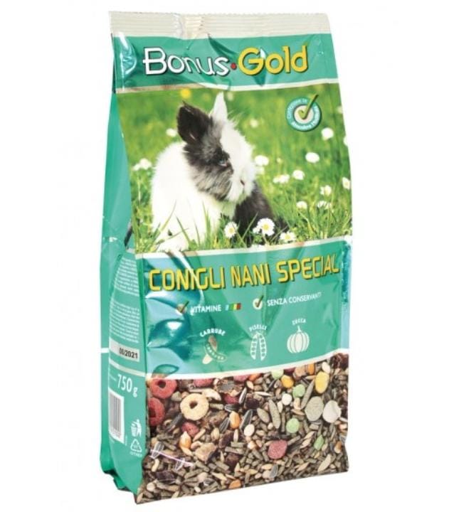 Bonus Gold Mangime per Conigli Nani Special è un mangime completo per conigli nani adulti da compagnia con aggiunta di verdure e integrato con vitamine e oligoelementi. Lasciare sempre a disposizione dei Vostri compagni dell’acqua fresca e abbondante fieno per un corretto apporto di fibre. Sacco da 750 gr.