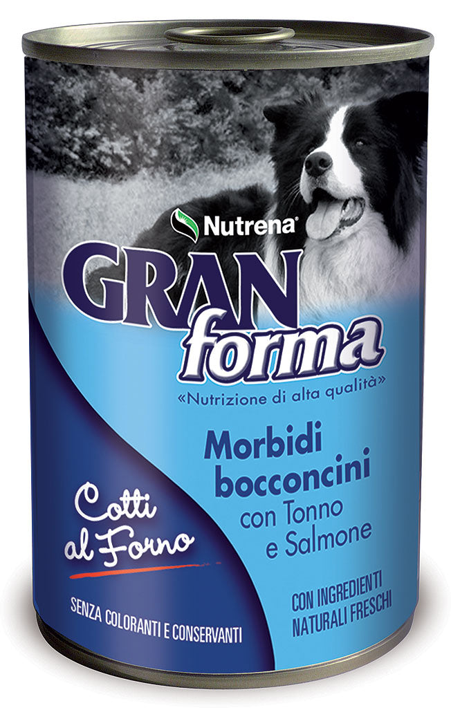 Cibo umido per cani adulti Nutrena ha ideato GranForma Dog Bocconcini morbidi con Tonno e Salmone, gustosi bocconi ricchi di fresche carni di tonno e salmone, importanti per l’elevato contenuto di acidi grassi Omega3 ideali per la salute cardiovascolare e le funzioni cerebrali e visive. 