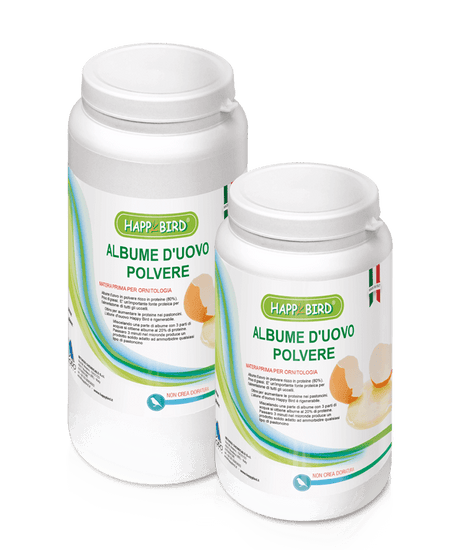 L'Albume d'Uovo in Polvere Happy Bird: concentrato proteico al 80%, senza grassi, perfetto per arricchire la dieta degli uccelli. Mescolalo con acqua per un alimento al 20% di proteine. Riscalda per tre minuti per ammorbidire pastoncini. Fonte proteica ideale per la salute dei tuoi amici piumati