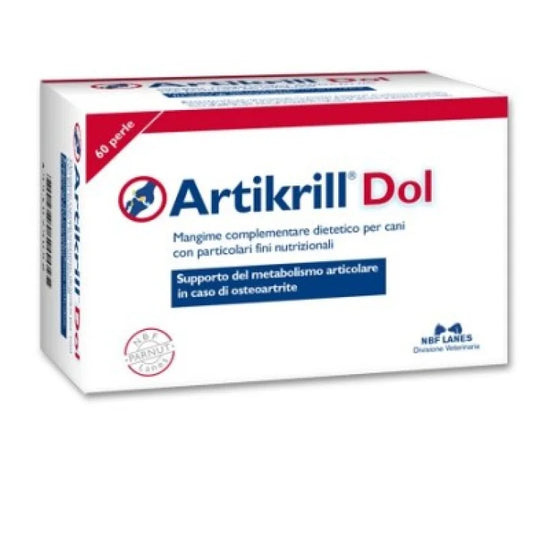 ARTIKRILL DOL CANE NBF LANES - MANGIME COMPLEMENTARE.Supporto del metabolismo articolare in caso di osteoartrite. Mangime complementare dietetico destinato a particolari fini nutrizionali per cani adulti e senior con Acidi grassi EPA e DHA da Olio di pesce, Vitamina E, Glucosamina solfato e Condroitin solfato.  Confezione da 60 perle