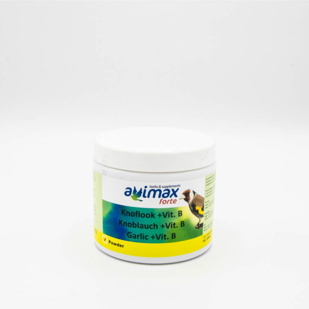 Mangime complementare per uccelli ornamentali e piccioni viaggiatori. AviMax Forte Garlic + Vitamin B  è una miscela di lievito di birra, aglio e cannella. Supporta infiammazioni, crampi e osteoartrite. Dosaggio  : (1 misurino = 3 g) 5-10 g /kg di mangime, 2-3 volte / settimana. Contenitore da 500 gr