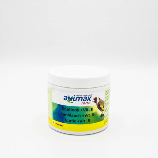 Mangime complementare per uccelli ornamentali e piccioni viaggiatori. AviMax Forte Garlic + Vitamin B  è una miscela di lievito di birra, aglio e cannella. Supporta infiammazioni, crampi e osteoartrite. Dosaggio  : (1 misurino = 3 g) 5-10 g /kg di mangime, 2-3 volte / settimana. Contenitore da 500 gr