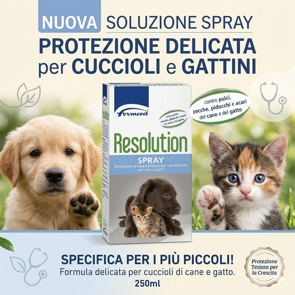 Resolution SPRAY antiparasitario per cuccioli di CANE E GATTO contro pulci, zecche, pidocchi e acari 250ml - Sanny Passione Ornitologica